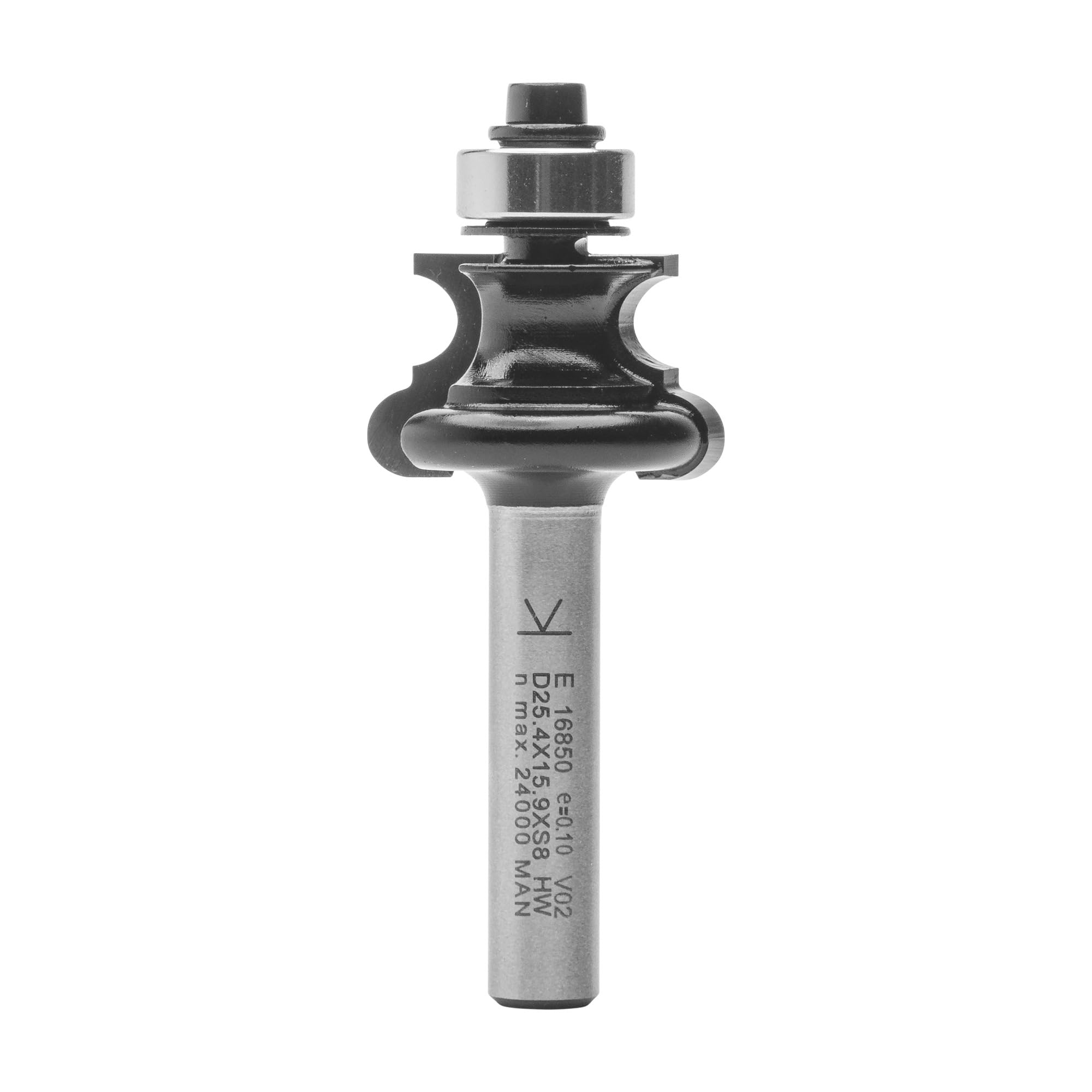 ENT 16850 Fresa para perfilado de persianas cóncavo y convexo, en carburo, Vástago (S) 8 mm, Diámetro (D) 25,4 mm, NL 15,9 mm, R 3,18 mm, SL 32 mm, con rodamiento de bolas