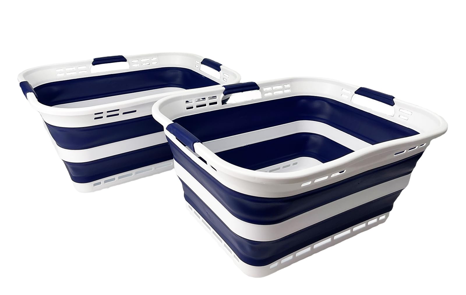 SAMMART Set of 2 Collapsible Plastic Storage Basket - Foldable Pop Up Storage Container - Portable Laundry Organizer - Space Saving Hamper (White/Starry Blue, 42L (Style A))