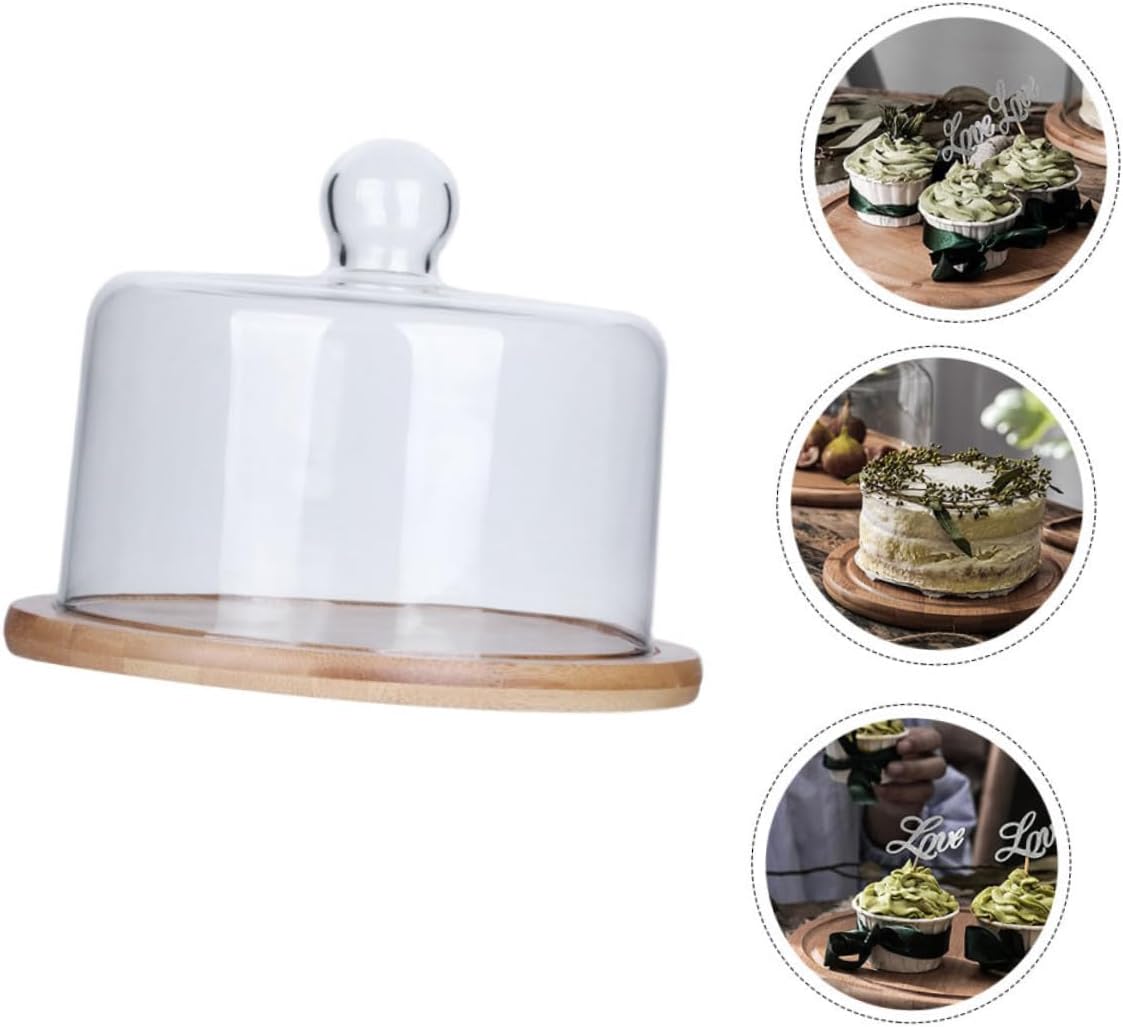 Uonlytech Household Cake Dome Glass Food Cover with Large Dome and Wooden Tray Dustproof Protective Display for Cakes, Desserts, and Pastries Serving at Home