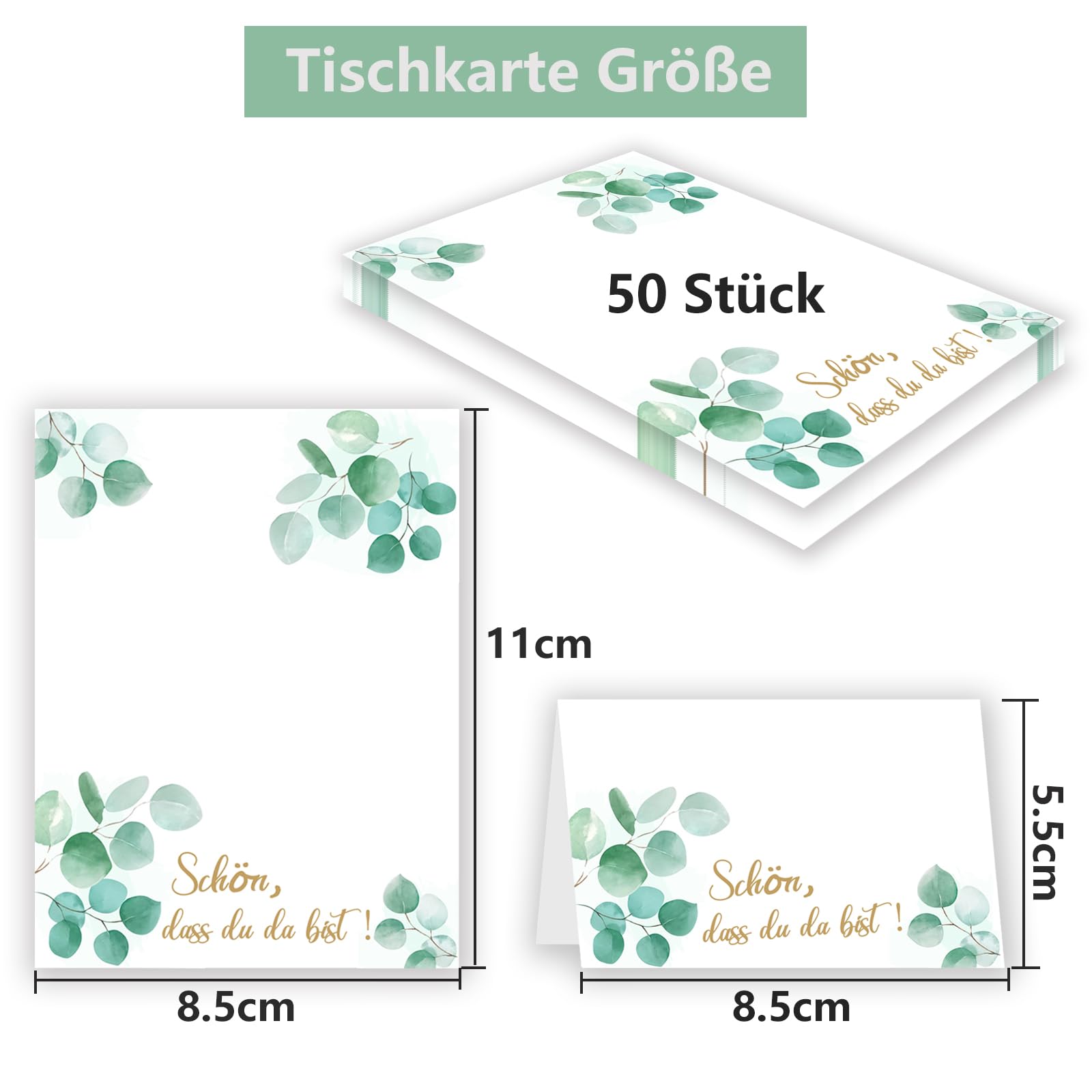 Lot De 50 Cartons De Table De Mariage Avec Inscription « Schön Dass Du Da Bist Und Eucalyptus » - Décoration De Table Pour Confirmation, Communion