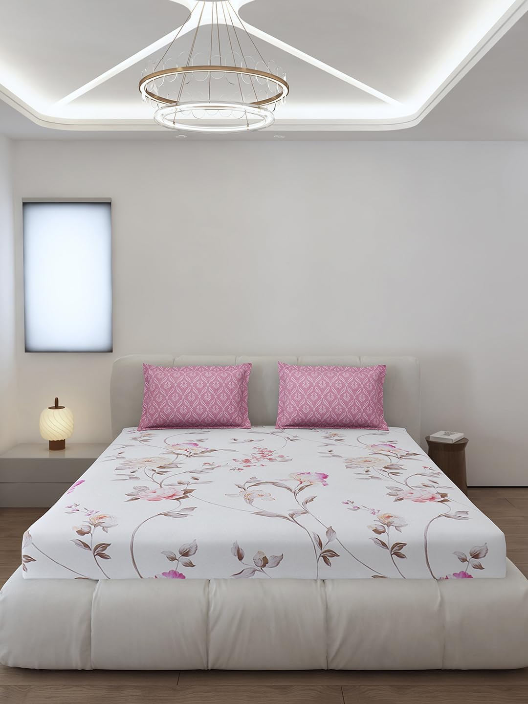 Monte Carlo Pink Printed King Size 130 GSM 1 Fitted Bedsheet with 2 Pillow Cover 1