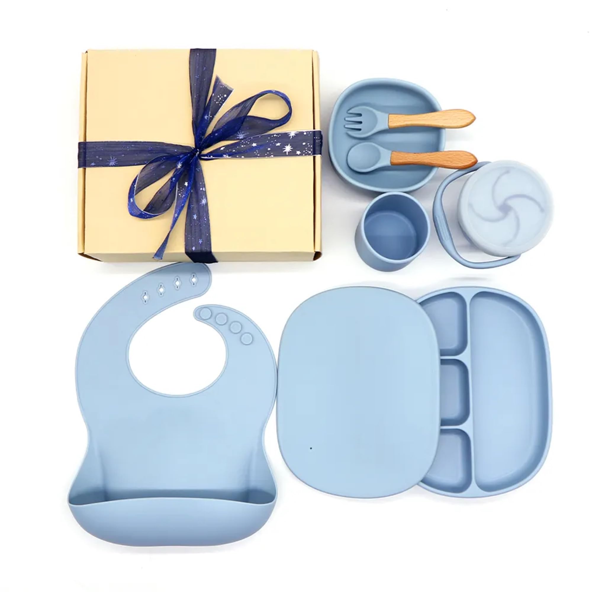 Weeny Tots Baby & Toddler Silicone Feeding Set | Dusty Blue | Stay Put Suction Plate with Lid, Bib, Cup, Suction Bowl, Fork & Spoon, Snack Pot with lid for Weaning Babies & Feeding Toddlers | BPA Free