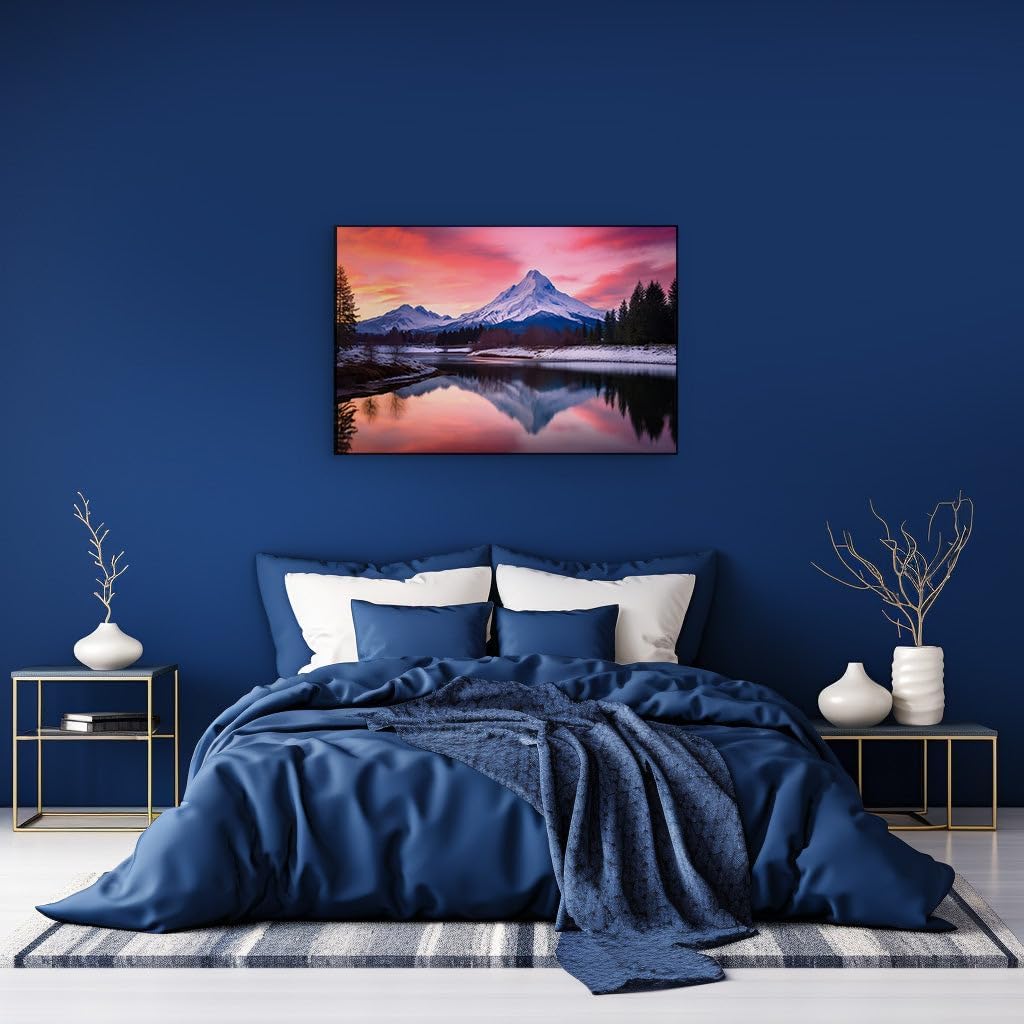 Canvas for Living room. Reflective Glory of Snow Peaks Serenity at Dusk, 27 x 18 inch Canvas Wall Art - Surrealistic Visions - Modern Home Decor