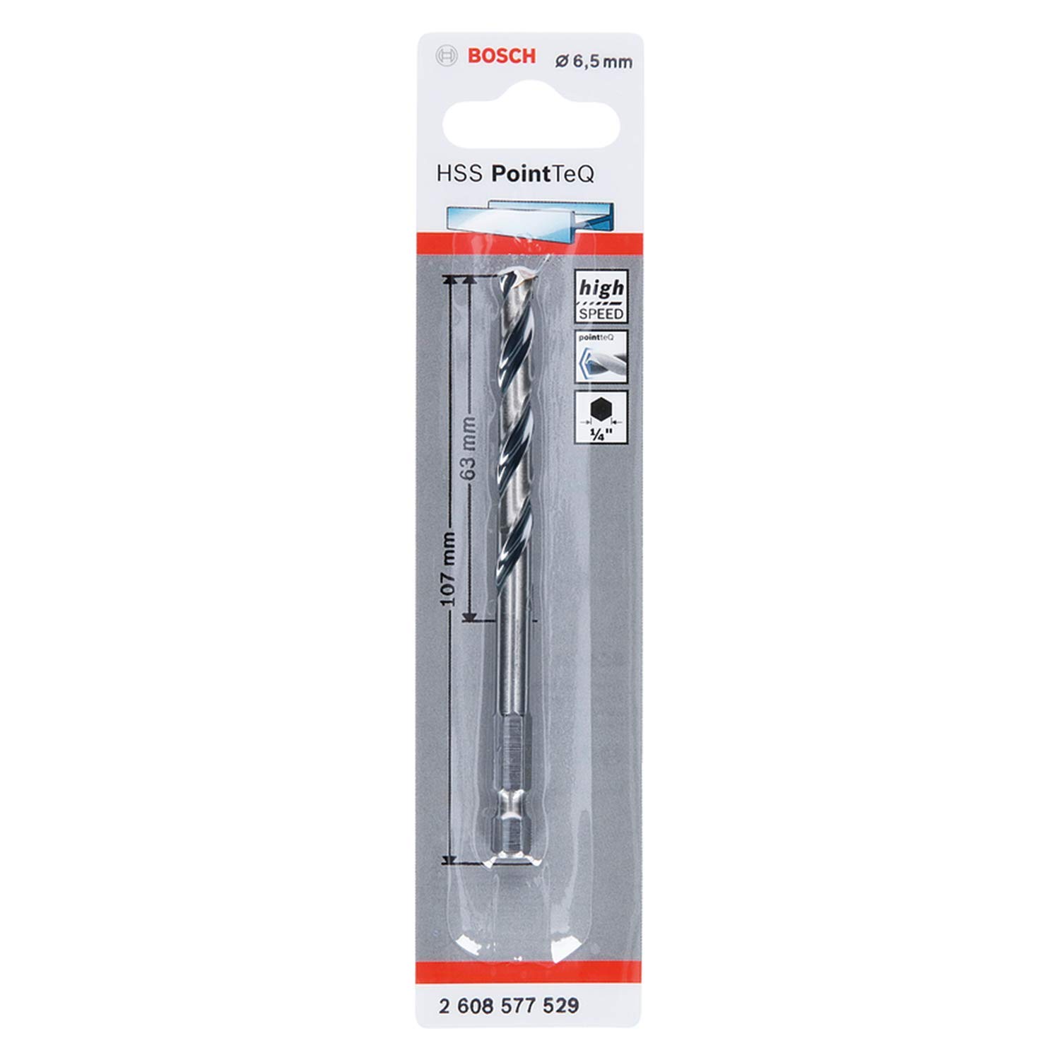 Bosch Bosch Professional PointTeQ Hex Drill Bit (for Metal, Ø: 6,5 mm, Total Length: 107 mm, ¼’’ Hex Shank, Accessory for Impact Drive