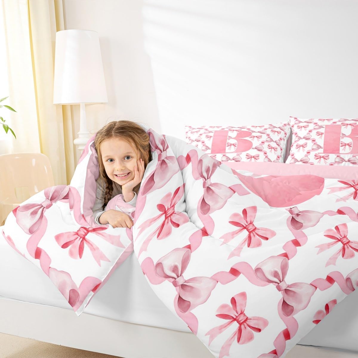 jejeloiu Cute Bowknot Kids Comforter Set Full Size Letter B Bedding Set Girls Pink Bow Duvet Quilt for Kids Boys Bedroom Monogrammed Decor Gifts for Daughter Women Teen Girls Coquette Bows
