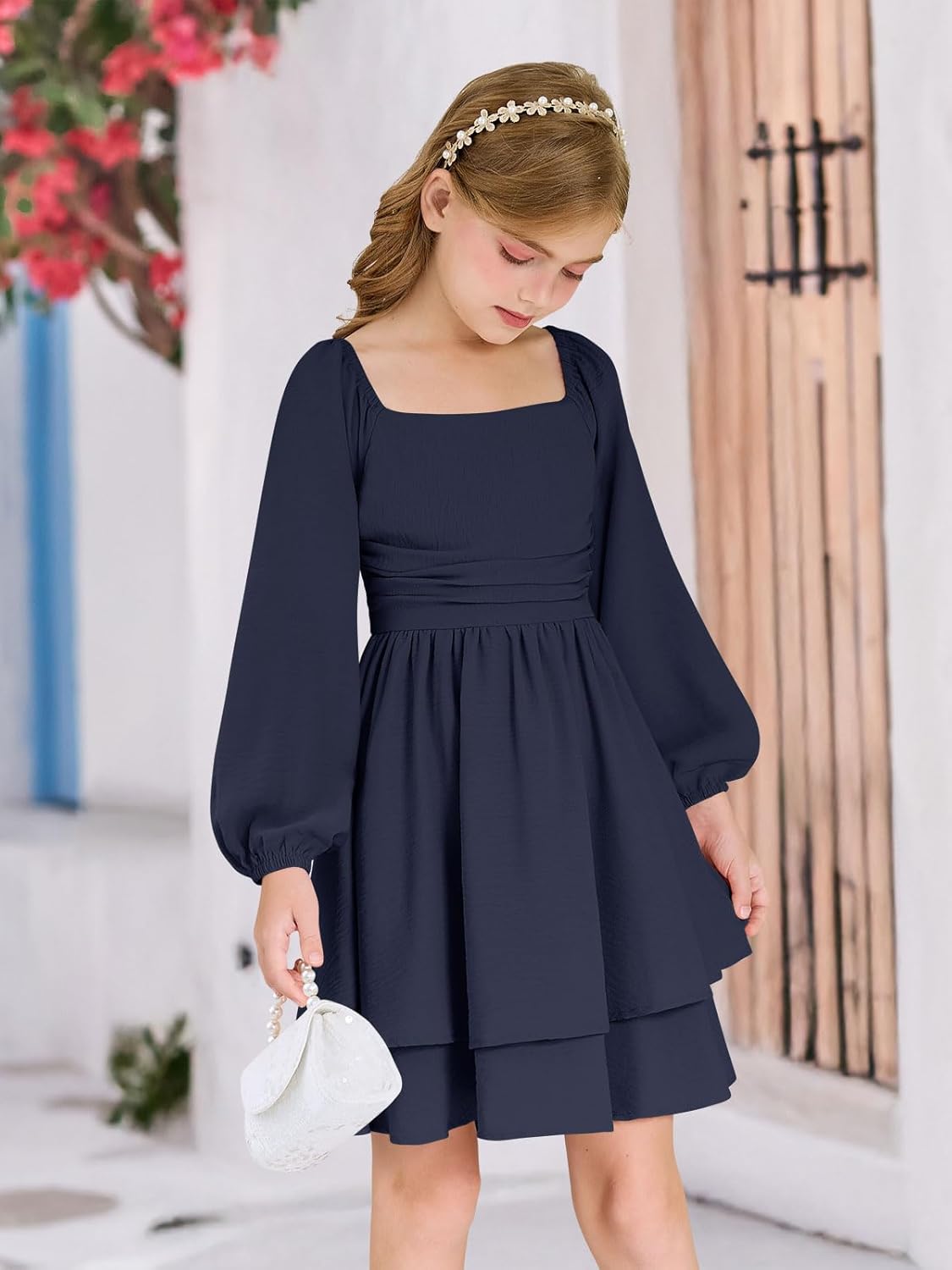 Girls Fall Dress Long Sleeve Dresses Smocked Ruched Square Neck Tiered Flowy Casual Formal Tween Dress 5-14 Years - Image 4