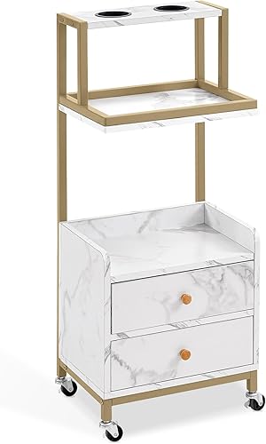BarberPub Carrito de salón con ruedas, carrito de peluquería con cajones, tablero de mármol para salón de belleza, marco de metal con 2 soportes