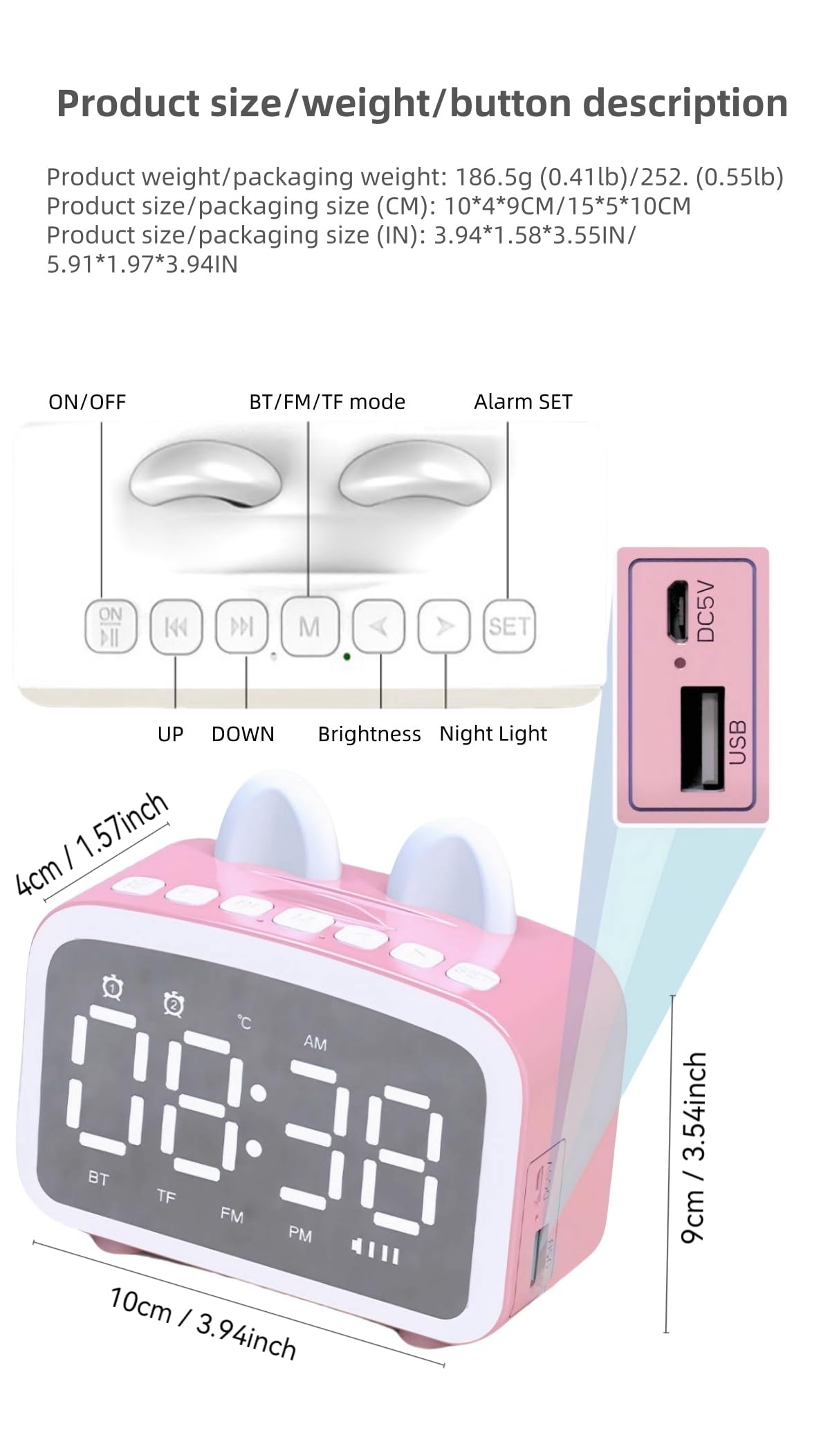 Sveglia Bluetooth con radio, orologi digitali con altoparlante Bluetooth, sveglia da comodino, luce notturna, lettore musicale con scheda TF, regalo per amici/bambini (WH)
