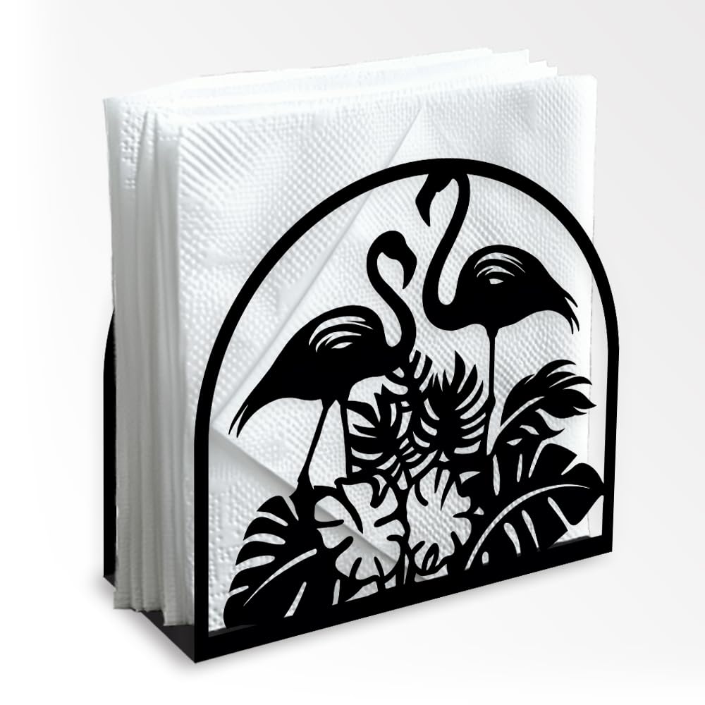 Doodlream Flamingos and Monstera Decorative Black Metal Napkin Holder for Table, 13.5 x 12.5 x 5 cm Standing Napkin Holder for Home Kitchen Restaurant Picnic Party Coffee Bar Dining Room