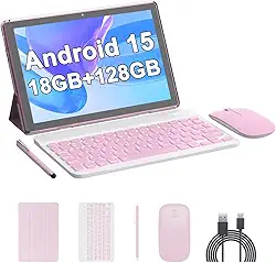 COOPERS Tablet Android 15, tablet de 10 polegadas, 18 GB de RAM + 128 GB de ROM, 2 TB expansível, processador quad-core de 2,0 GHz, WiFi 6 BT 5.0, câmeras duplas, tablets 2 em 1 com capa de teclado