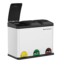 SONGMICS Cestino da Cucina, Pattumiera per Riciclaggio, Pattumiera Tripla a Pedale, in Metallo da 45 Litri, per Raccolta Differenziata, 3 x 15L, con Coperchio, Acciaio, Bianco LTB45W