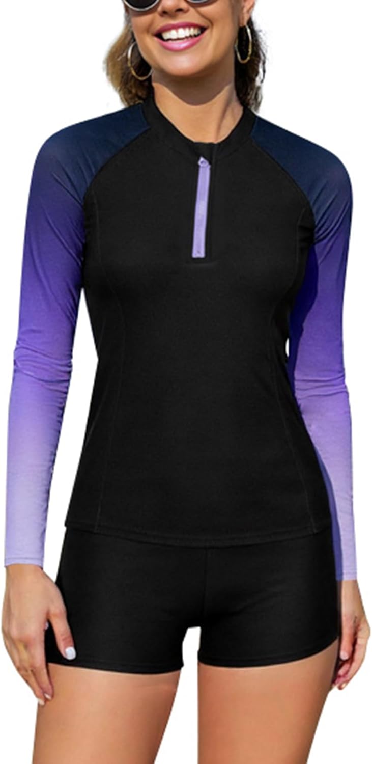 SHEKINI Women's Two Piece Rash Guard Long Sleeve Bathing Suit Zipper Front Swim Shirts Built-in Bra with Boyshort Bottom