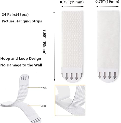 Miniatura 5 de 24 pares de tiras grandes para colgar cuadros extraíbles, sin daños, cinta de gancho y bucle, ganchos adhesivos para colgar en la pared, fotos sin