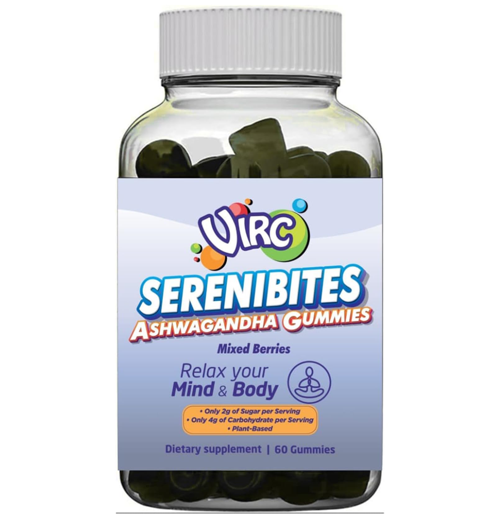 VIRC Ashwagandha Gummies 60 – Plant-Based, Low-Sugar, Mixed Berries Flavor for Daily Energy & Immune Support – Certified Vegan Dietary Supplement – Registered Facility – Non-GMO, Gluten-Nut-Free