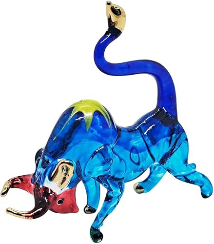 Miniatura 1 de WitnyStore Pequeña figura de toro azul de 2 pulgadas de largo con cara roja de carga, toros de vidrio soplado a mano, pequeños bueyes de cristal,