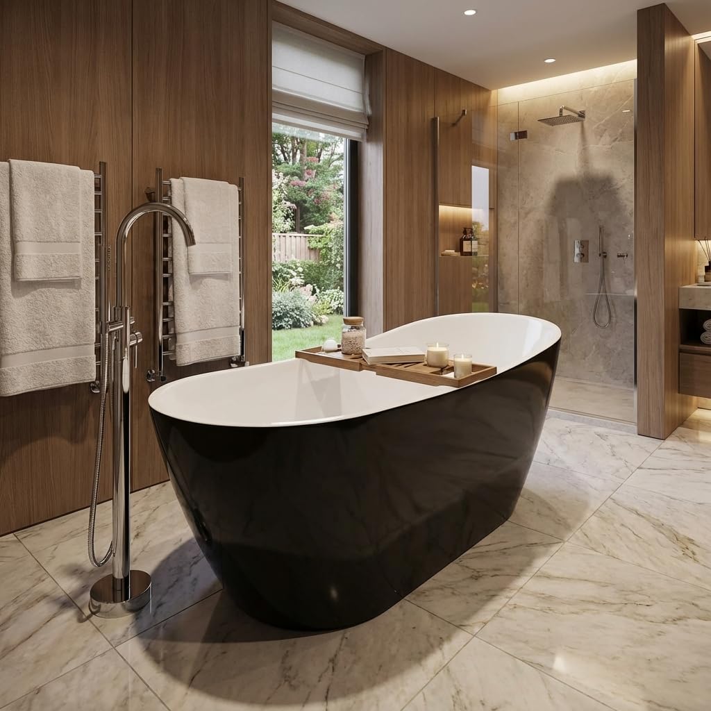 Acrylic Freestanding Bathtub, 59 Inch Deep Soaking Tub, One End Raised, White Interior Black Exterior, Chrome Drain, Overflow, Non-Slip, Modern Acrylic Stand Alone Bath Tub for Bathroom