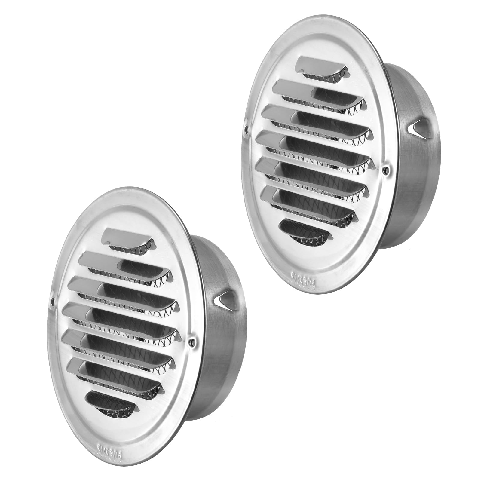 2 Pack 4 Inch Stainless Steel Air Vents Round Silver Soffit Vent Cover Air Vent Flat Ducting Air Outlet with Built-in Fine Mesh for Kitchen, Bathroom, Garage, Office and Warehouse Ventilation