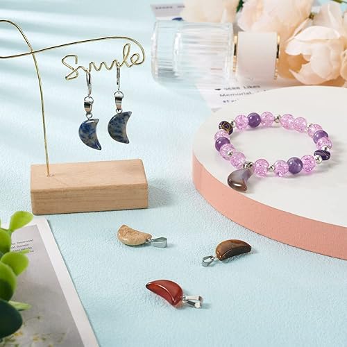 Miniatura 5 de FASHEWELRY 48 colgantes de piedra en forma de luna, 12 estilos mezclados de piedras preciosas naturales, dijes de cristal curativo para hacer joyas,