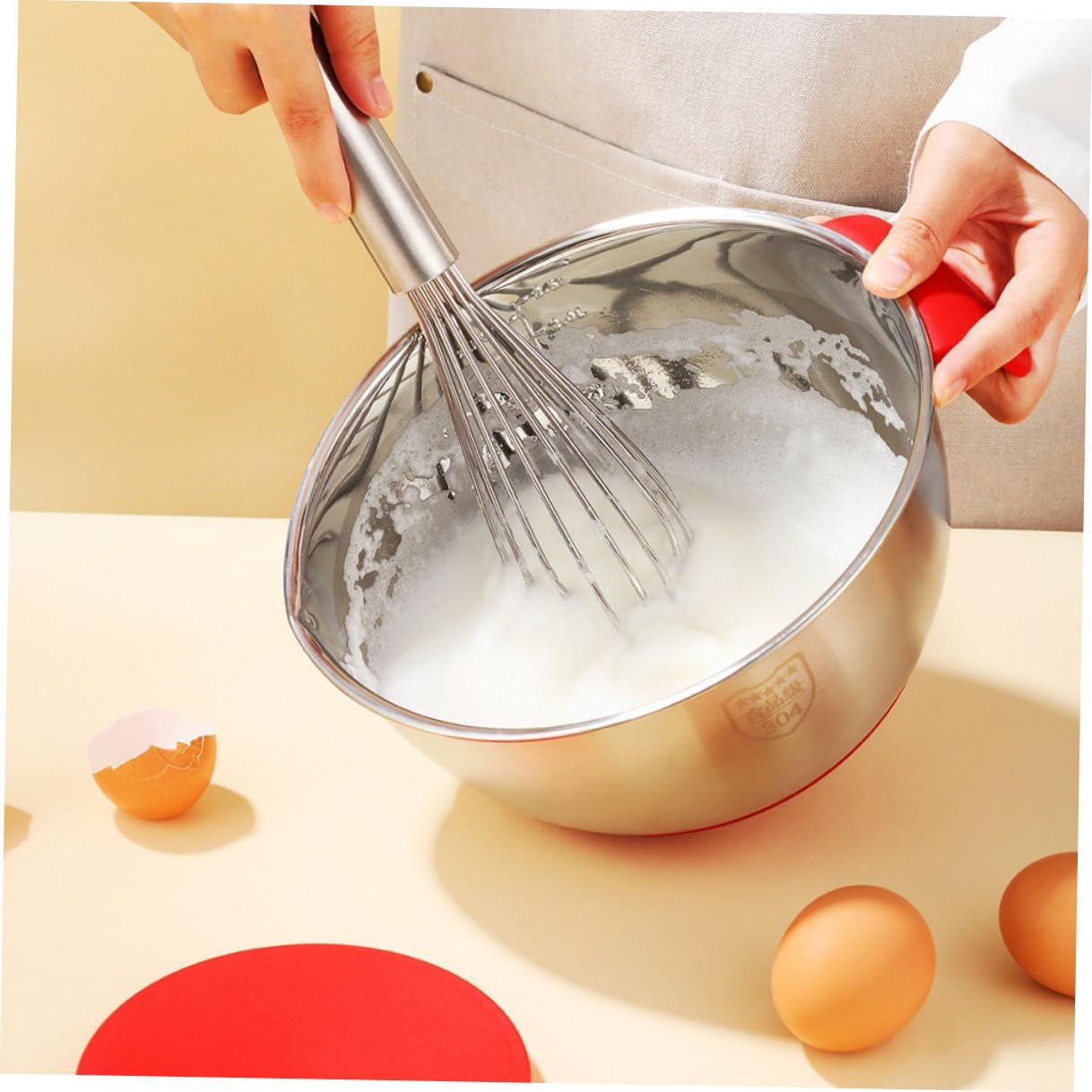 COHEALI Stainless Steel Mixing Bowl Set with Red Handle, 18Cm 20Cm Non-Slip Silicone Base, Kitchen Salad and Food Mixing Bowls with Lettered Lids and 3 Graters for Daily Cooking and Baking