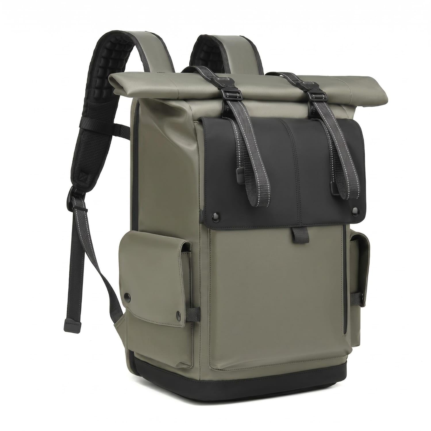 Large Capacity Travel Backpack Sturdy Roll Top Backpack Multi-Pocket Roll Top Rucksack Comfortable Straps for Men, Outdoor, Business Trip, Green-image-36
