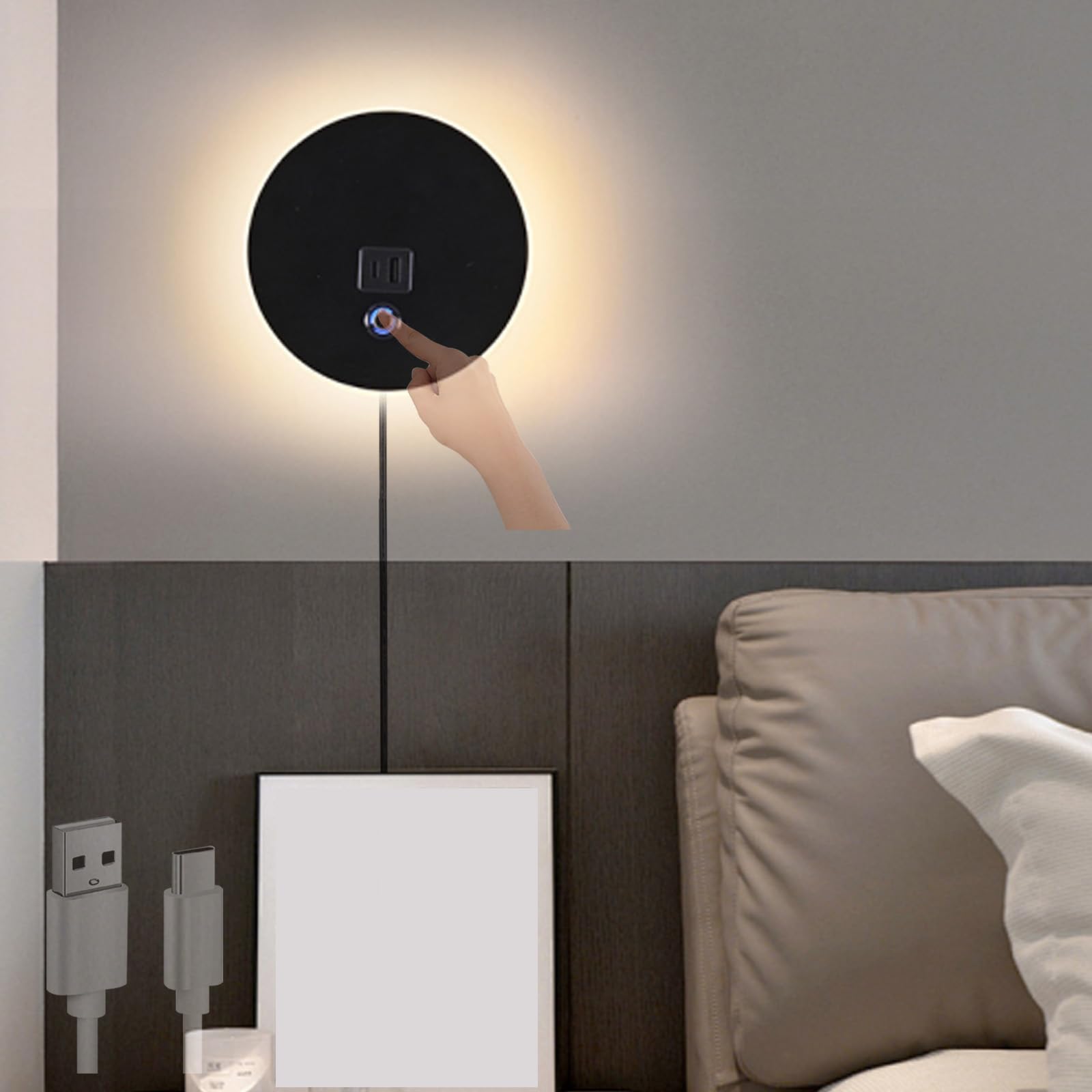Luz de pared con puerto USB de carga y toma de corriente para dormitorio 8