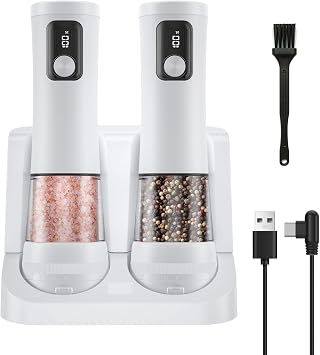 Electric Salt and Pepper Grinder Set,2 Pack Rechargeable Automatic Pepper Mill,with Charging Base,5 Level,Display,LED Lighting,Large Capacity,Kitchen Gift 2, White, Charging Base