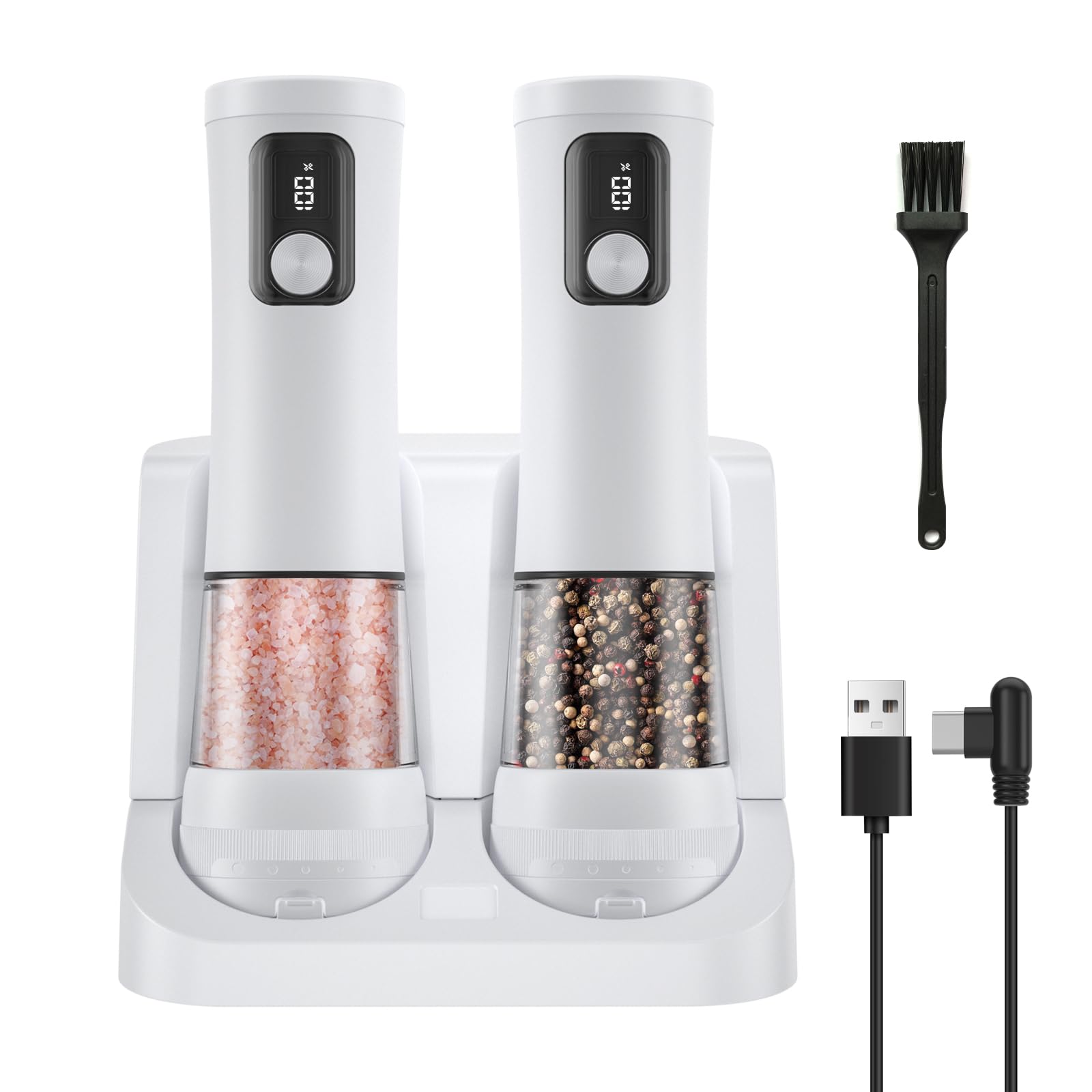 Elektrisches Salz und Pfeffermühlen, 2 Teiliges Set Automatischer(Weiß) | mit Wiederaufladbarer Basis, 5 Einstellbaren, Display, LED,Küche Geschenk