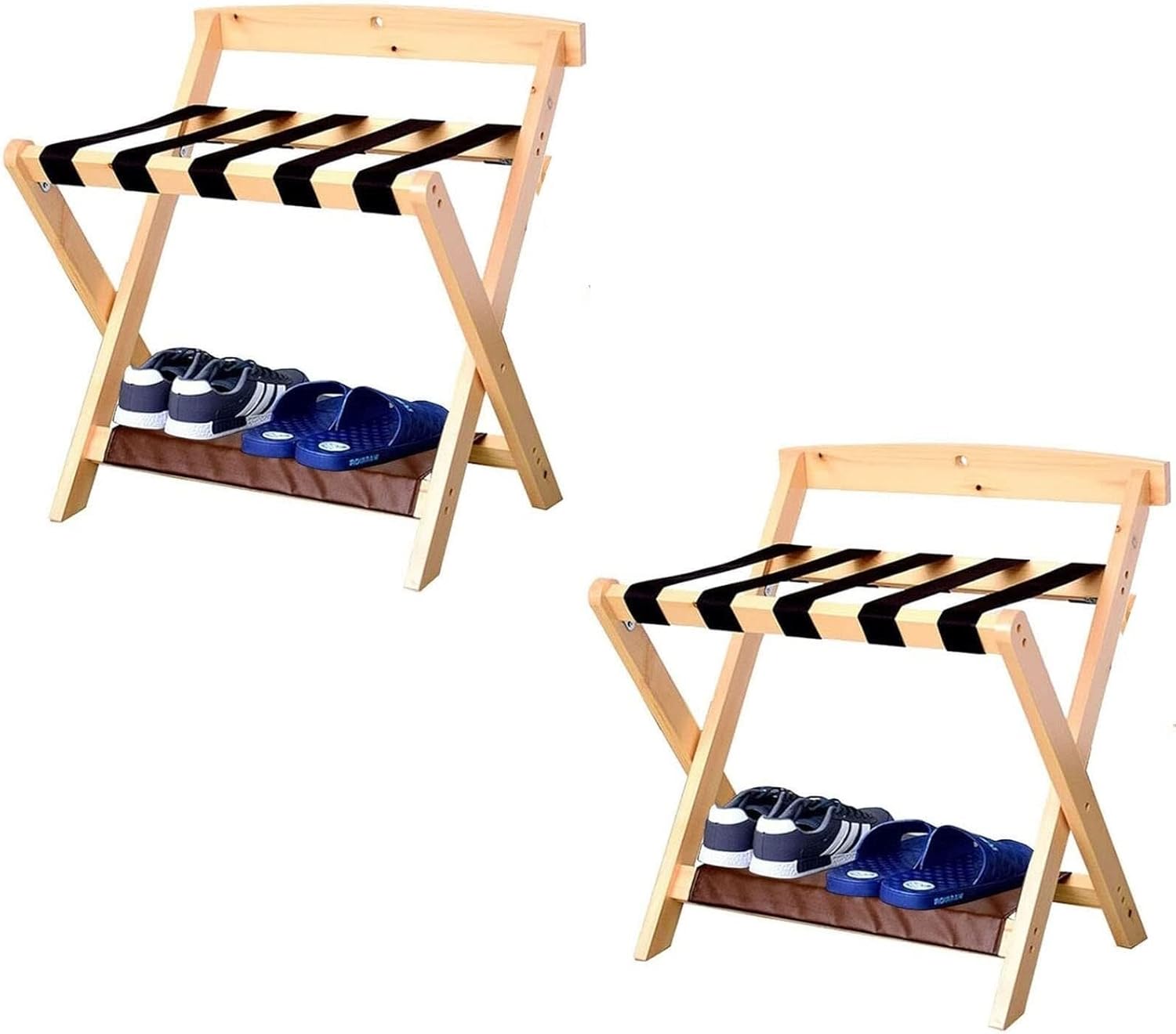 2-Piece Foldable Suitcase Stand for Guest Room, Solid Wood Double-Layer Luggage Rack with Shelf, Space-Saving Design(Beige)