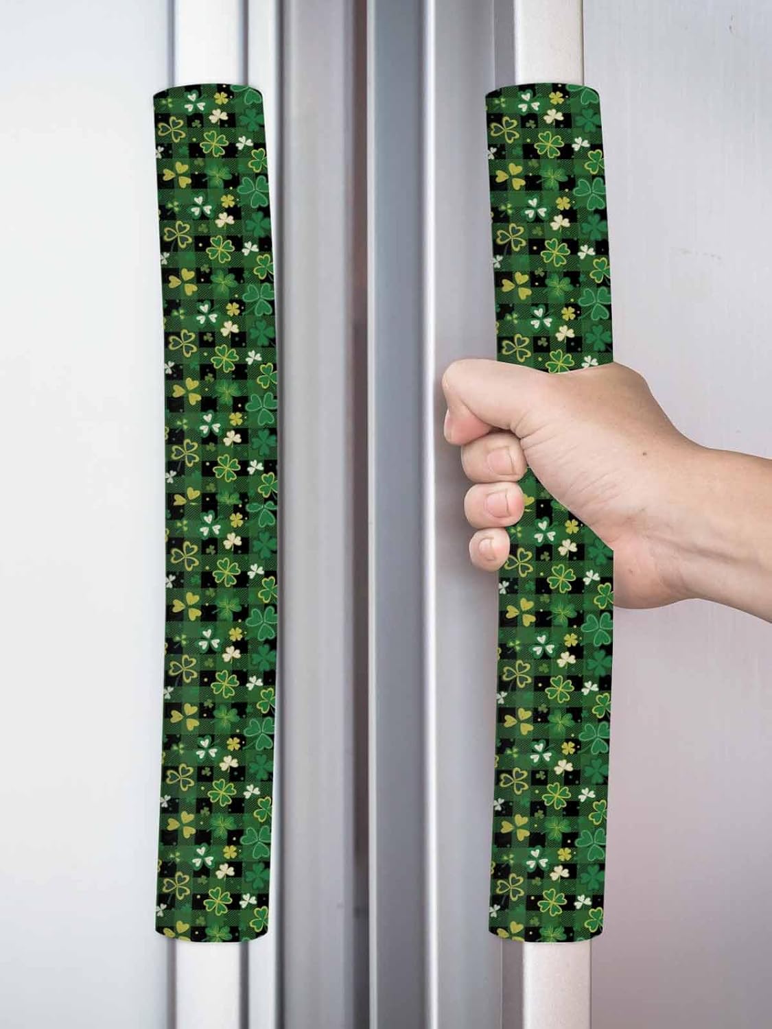 St. Patrick's Day Refrigerator Door Handle Covers Set of 2 for Dishwasher Microwave Oven Fridge Stove Appliance Door Handles,Washable Kitchen Bathroom Accessories,Farmhouse Buffalo Plaid Green Plant