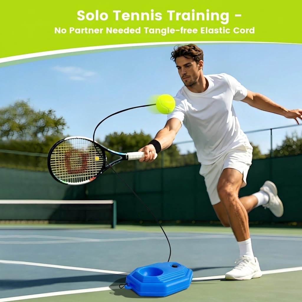Tennis Trainer Set - Tennis Practice Rebounder with 3 High-Elastic String Balls, Sports Wristband & Mesh Bag, Portable Solo Tennis Buddy for Beginners Indoor Outdoor Sport