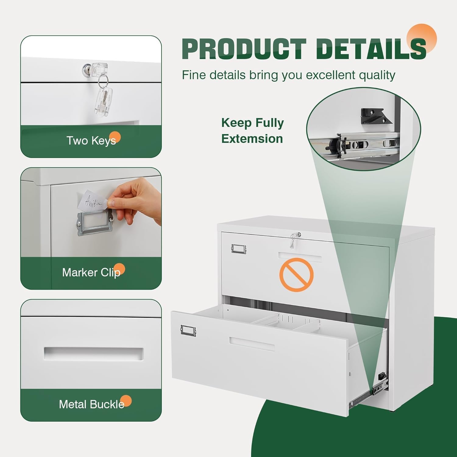 2 Drawer Metal Filing Organization Office Cabinets with Lock,Lateral File Cabinets for Home Office Hanging Files Letter/Legal/F4/A4 Size (2 Drawer-White)