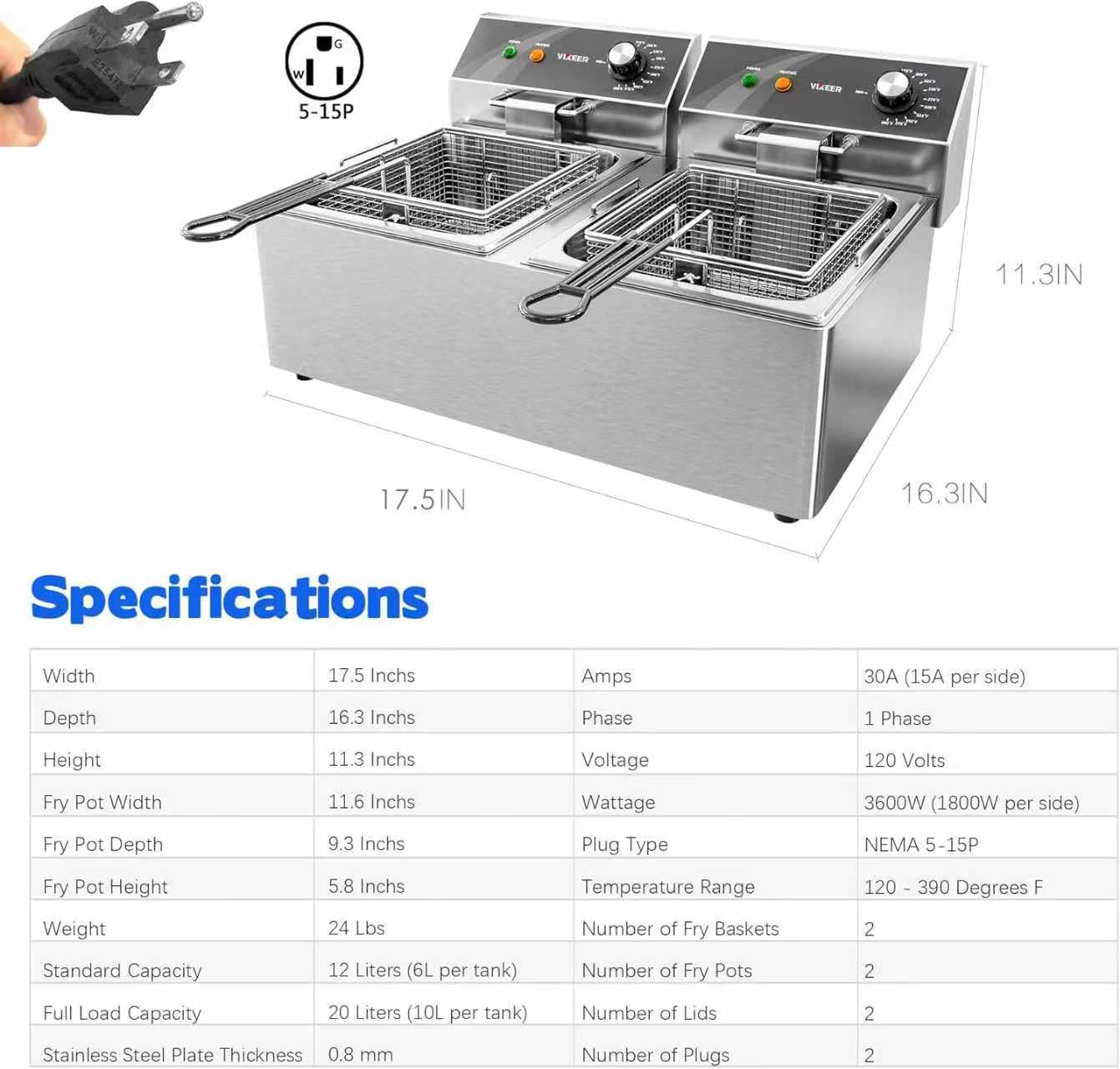 TOPKITCH Friggitrice commerciale in acciaio inox con doppio serbatoio con 2 cesti di capacità 10 L x 2 friggitrice elettrica per piano di lavoro ristorante e uso domestico 120 V 3600 W