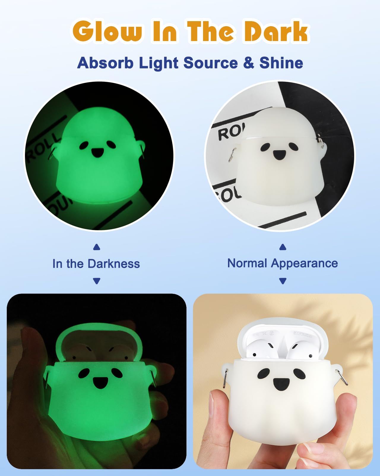 Boaretiu - Funda para AirPods 2/1, luminosa y bonita funda de fantasma kawaii con llavero para AirPods funda divertida 3D de silicona suave divertida para niñas, mujeres, adolescentes y niños, para