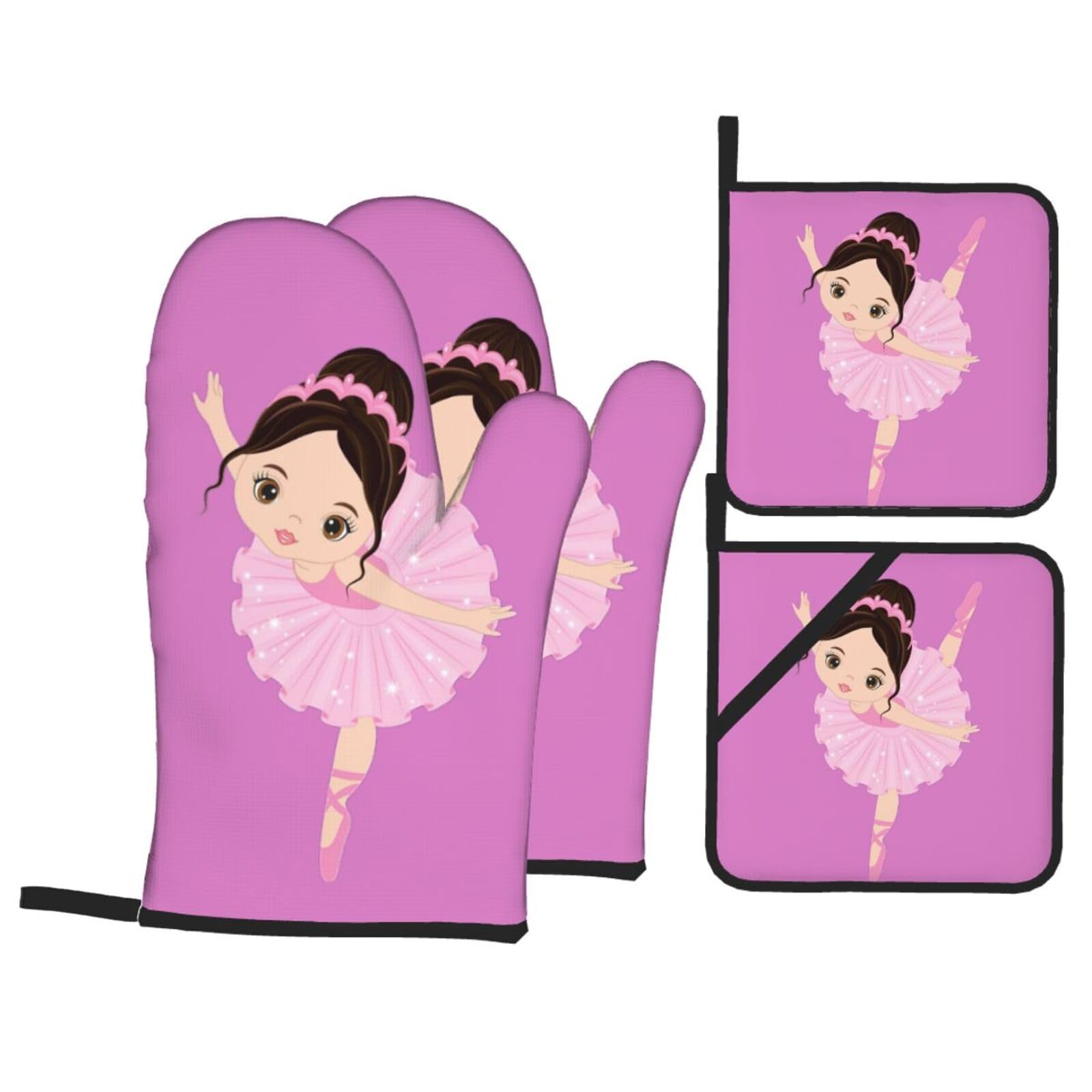Little Ballerina Dancing Girl Print Oven Microwaving Waterproof Kitchen Gloves for Baking Grilling Holiday Cooking