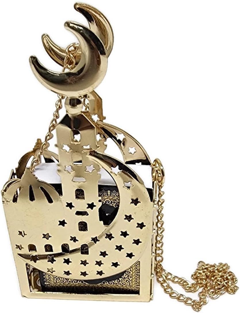 Islam Car Rear Mirror Hanging Decorative Ornament Vehicle Decor AMN-356 Mini Al-Quran in Metal Cage Masjid Mosque Design Pendant Ramadan Eid Muslim Gift (Gold/Black 2)