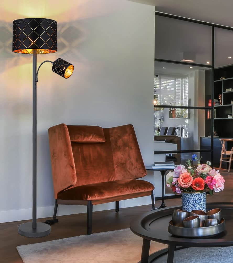 Stehleuchte mit Leselampe Stehlampe Wohnzimmer Stehleuchte Leseleuchte Deckenfluter Schwarz Gold, Leselampe flexibel Dekorstanzungen, 1x E27 1x E14, DxH 35 x 162 cm