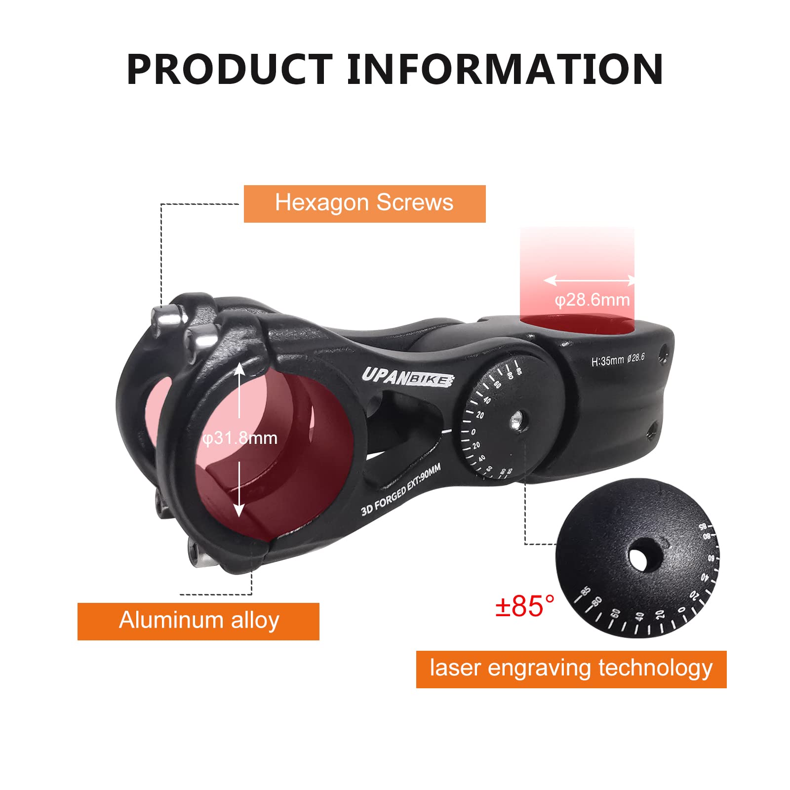 UPANBIKE Bike Stem Adjustable 31.8mm 85 Degree 90mm 110mm 145mm Aluminum Alloy Handlebar Riser Extender Stem for Mountain Bicycle Road Bike MTB(Black,31.8 * 90) - Image 3