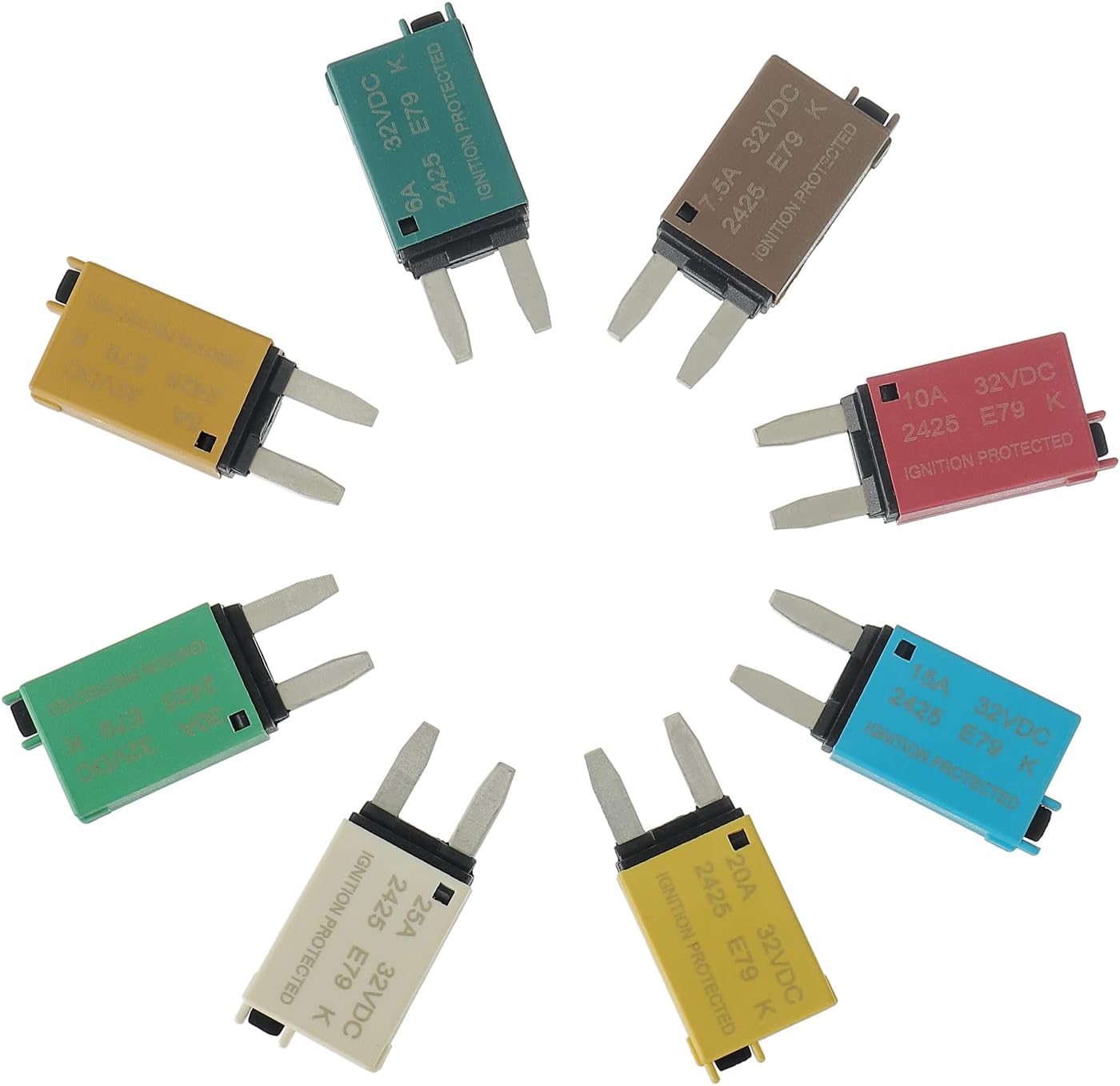 Manual Reset Fuse E73 E79 car ATM Low Profile Mini Blade Style Circuit Breaker T3 5A 6A 7.5A 10A 15A 20A 25A 30A Boat Marine RV Car Truc DC 12V 28 Volts（8 pcs Mixed）