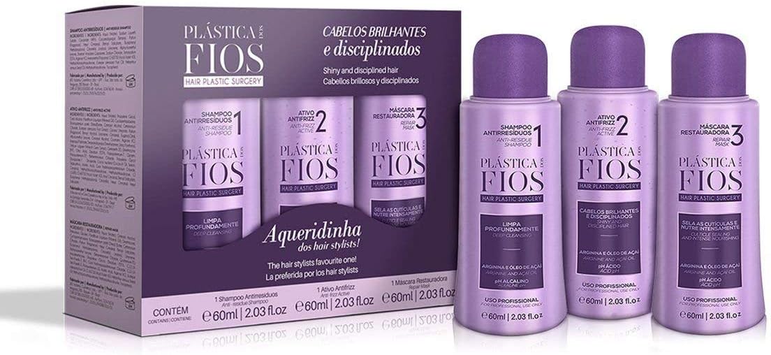 Cadiveu - Plastica Dos Fios Brazilian Keratin Hair Smoothing System Anti Frizz Active, Anti Residue Shampoo And Repair Mask - The Best Treatment System - (3x60 ML) (Set of 3)