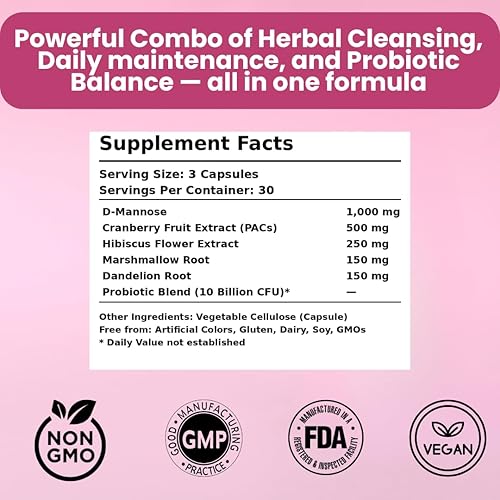 Miniatura 4 de UTI Defense+ - D-manosa, arándano, hibisco y diente de león - Soporte del tracto urinario para mujeres - Promueve la salud de la vejiga, el control