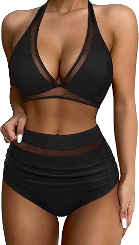 SUUKSESS Conjuntos de bikini sexy de cintura alta para mujer, con control de abdomen, trajes de baño de 2 piezas