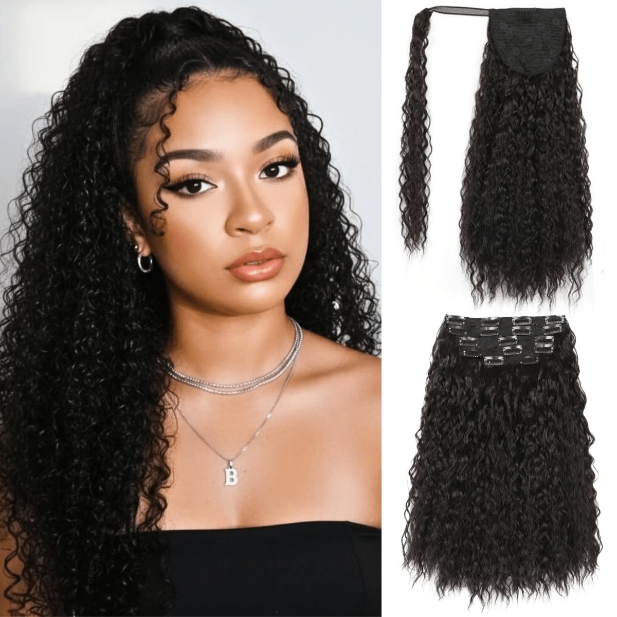 6PCS Half Up Half Down Ponytail Extension Set, 20inch Long Water Wave Clip in Wrap Ponytail Hair Piece, Black Fuller Wave Curly Fake Pony Tail with Clip in Low-tempereture Fiber Hair for Women