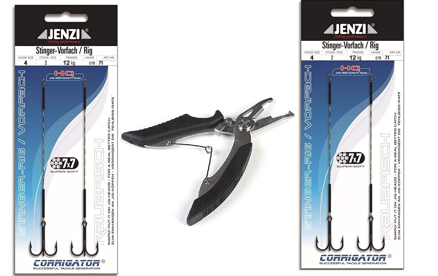 Set: 2 Packs (4 Pieces) Jenzi Stinger Rig 7x7 Hook Size 4, 12 kg, 8 cm + Fishing Scissors, Black, standard size