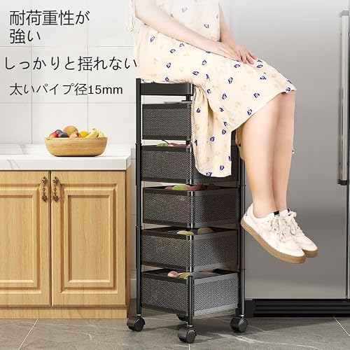 TVT キッチンワゴン 収納カート キャスター付き 回転式天板 可動棚 3段 調味料ラック 収納ラック キッチン収納 隙間収納 小物入れ 組み立て簡単 工具不要 省スペース マンション 一人暮らし 新生活 おしゃれ (3階建て,ブラック) [2]