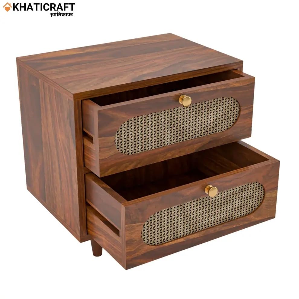 Image of Solid Sheesham Wood Rukm Bedside Table with 2 Storage Drawer | Wooden Bedside End Tables, Bed Side Nightstand Lamp Table for Room Furniture, Bedroom, Home & Hotels (Honey Finish)