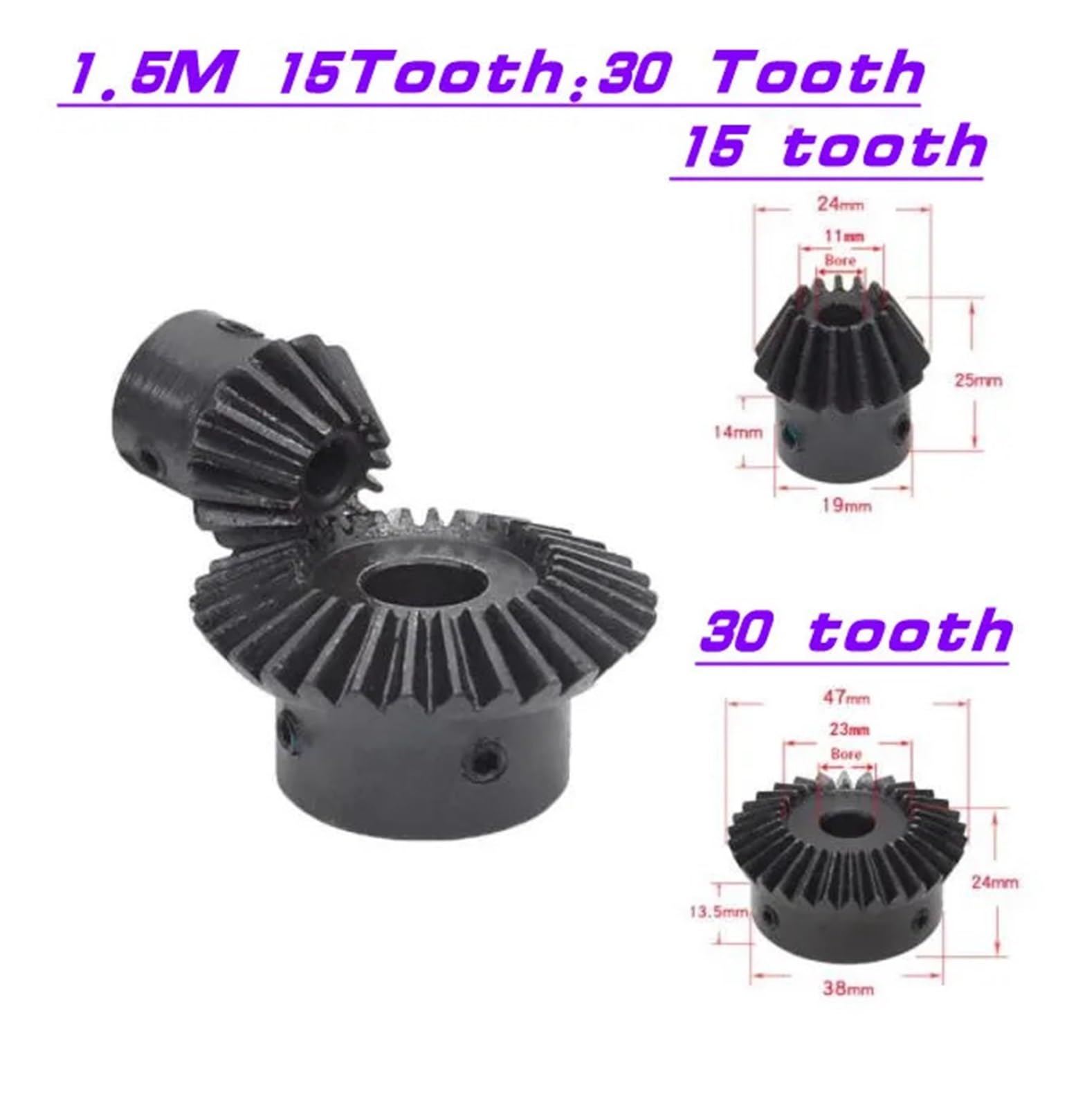 Bevel Gear Pinion Hardware Mechanical 1Pc Single 1:2 Bevel Gear 1.5 Modulus 15 Teeth :30 Teeth Transmission / 90 Degrees Bore 6mm 8mm 10mm 12mm 14mm 15mm(30T bore 6)