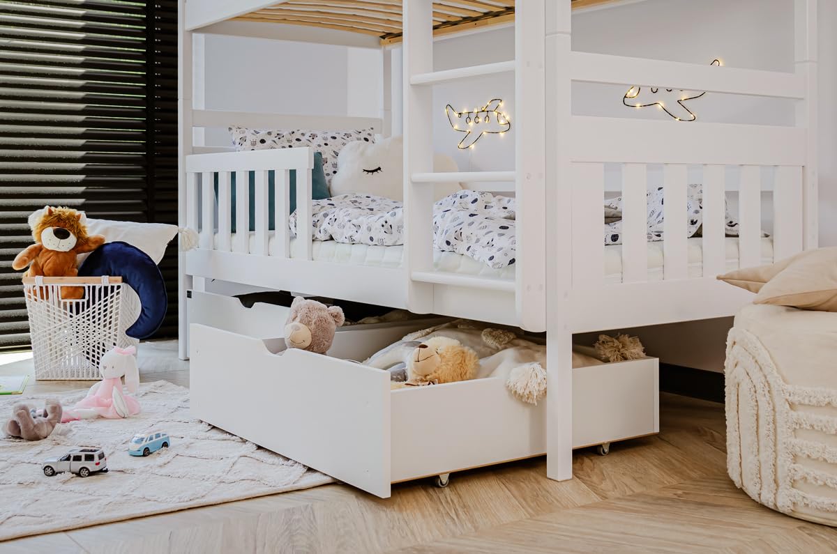 Hochbett 80x180 cm mit 2 Schubladen Etagenbett mit Rausfallschutz und Lattenrost, umbaubar in Zwei Kinderbetten, aus Vollholz massiv in weiß, Funktionsbett 80x180 cm von 3. bis 12. Lebensjahr
