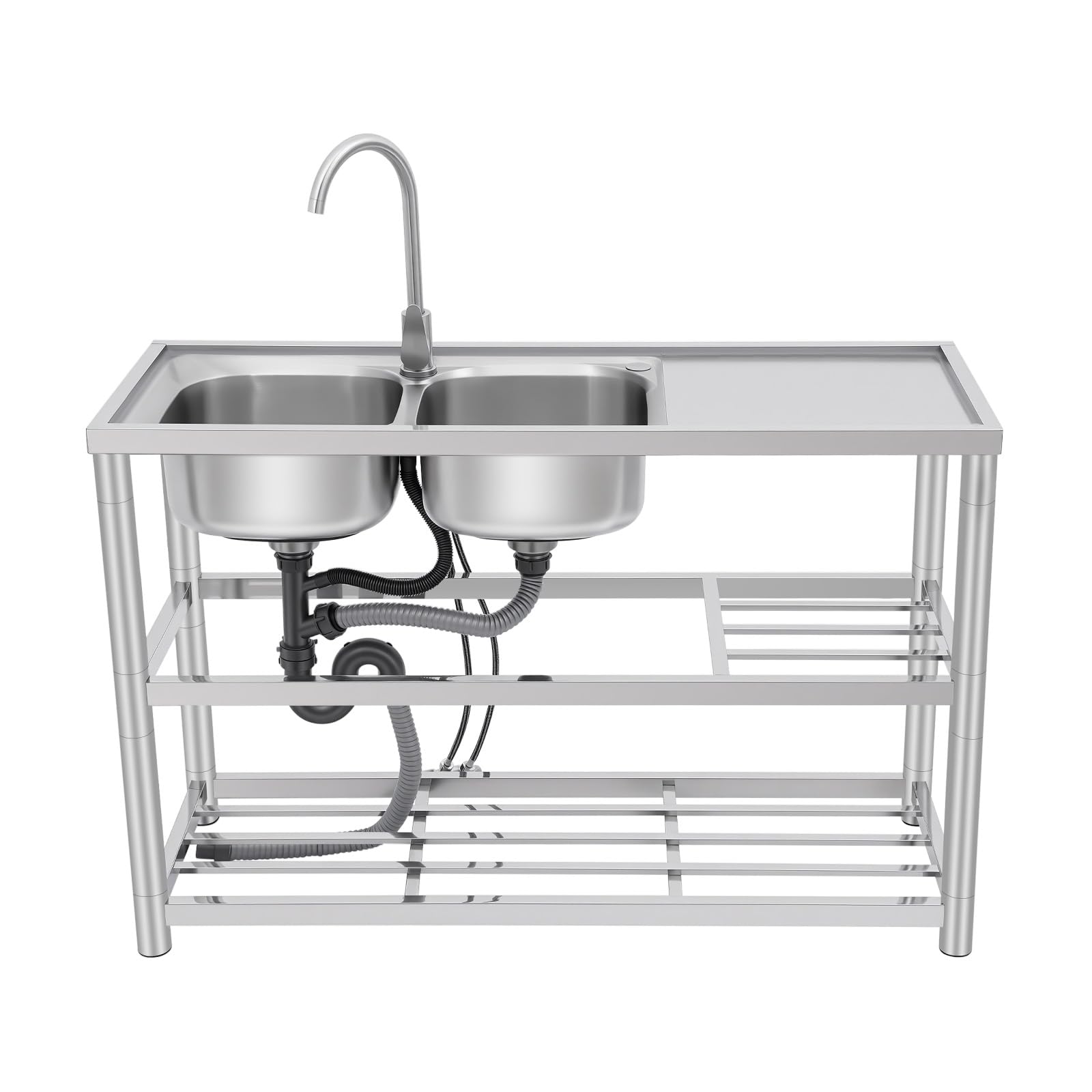 Évier de cuisine sur pied en acier inoxydable avec double vasque, lavabo de cuisine avec robinet à 360° et unité de vidange, évier commercial avec tuyaux d'eau froide et chaude pour l'extérieur,