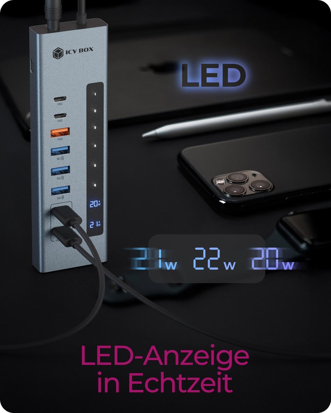 Icy Box (11 en 1) Hub USB-C con Lector de Tarjetas, 2 Puertos USB-C y 1 USB-A (10 Gbps), 3 Puertos USB-A (5 Gbps), 100 W PD, SD/microSD UHS-I, IB-HUB1742CR-C2PD