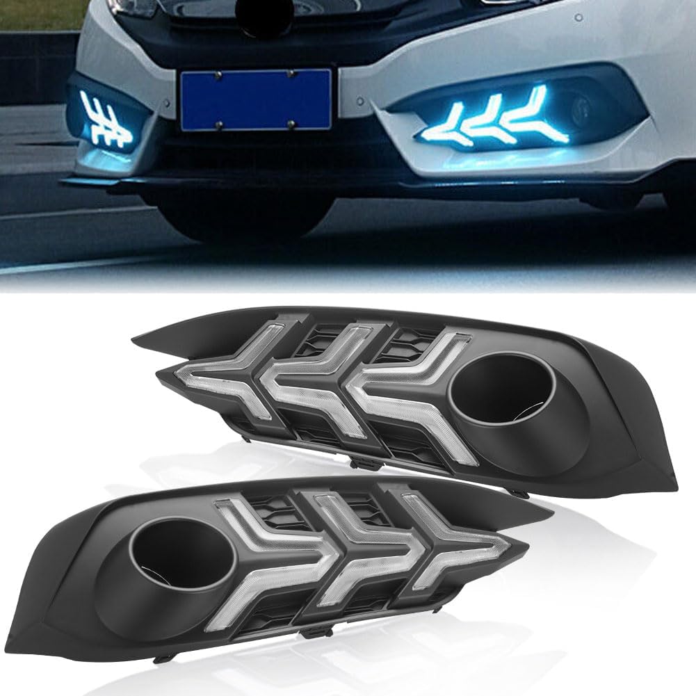 Daytime Running Light Assembly for Honda Civic 2016 2017, 3 Color DRL Driving Fog Lamp Waterproof Bright Amber Turn Signal Light Assembly Kit,1 Pair